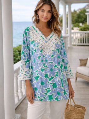 A La Carte Boho Embroidered Tunic Blue Green Floral Coastal Resort NWT M Cotton